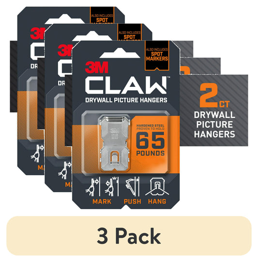 (3 pack) 3M CLAW 65 lb. Drywall Picture Hanger with Spot Marker, Gray, Heavyweight Hanging Solution for Room Decor and Office Decor, Including Mirrors or Large Art, 2 Wall Hangers, 2 Spot Markers