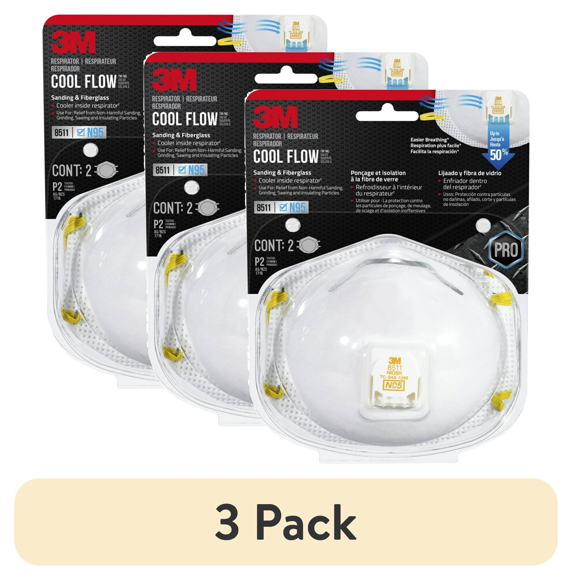 (3 pack) 3M N95 Respirator 8511, Cool Flow Valve, White, Stretchable, 2 Safety Masks