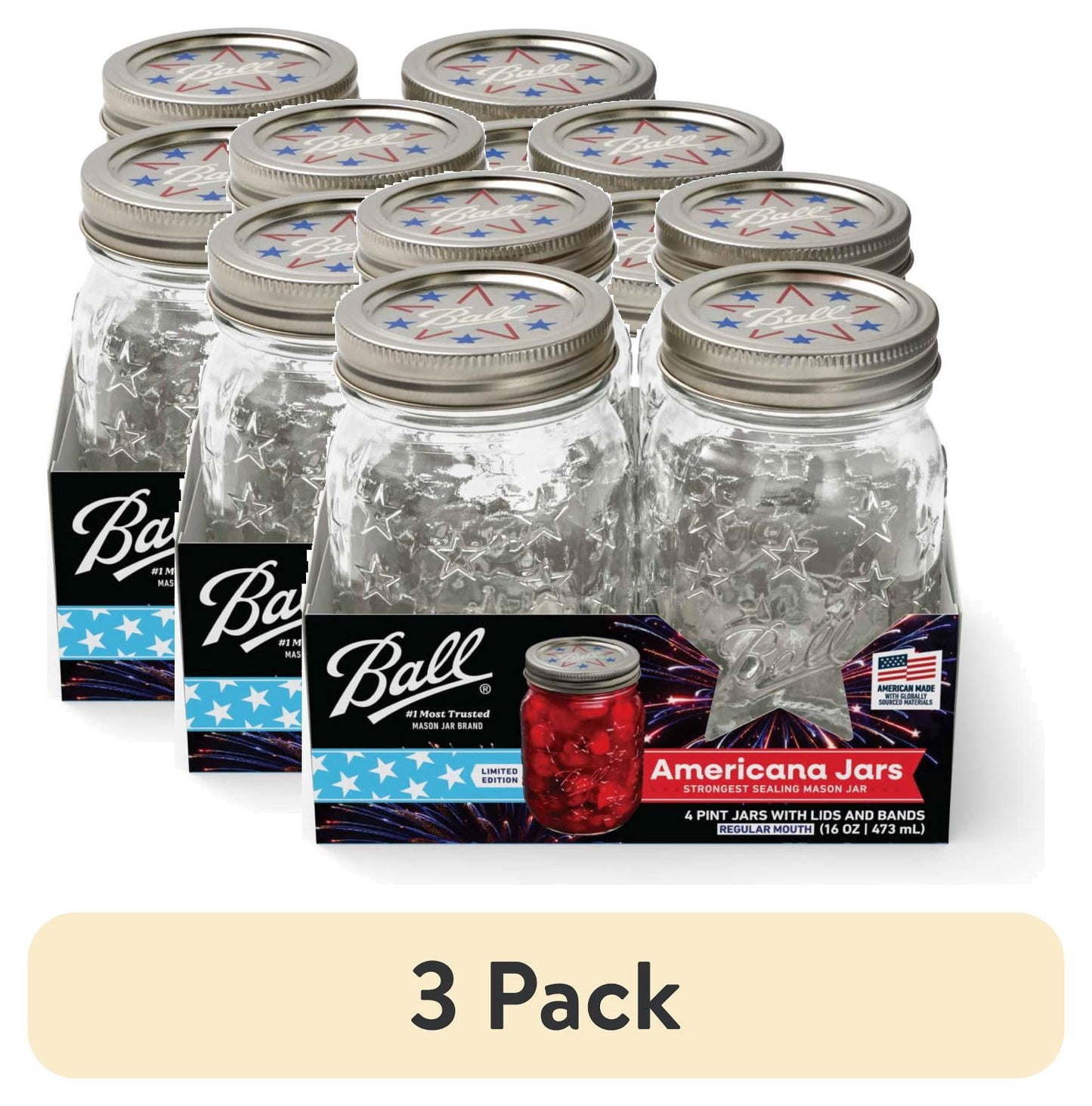 (3 pack) Limited Edition Ball Americana Pint Mason Jar, 16 oz. Regular Mouth Glass Jars, Pint Size Mason Canning Jars, 4 Pack