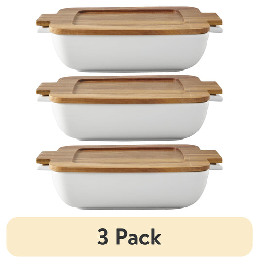 (3 pack) Better Homes & Gardens Ceramic Oven to Table Serveware Dish with Acacia Lid, 13.39 x 9.06 x 3.39 in
