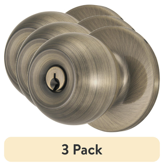(3 pack) Brinks Keyed Entry Classic Ball Style Doorknob, Antique Brass Finish