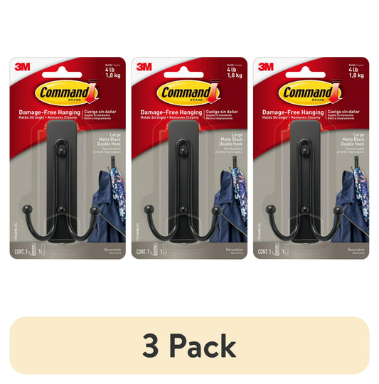 (3 pack) Command Large Double Wall Hooks, Black, Damage Free Decorating, 1 Hook