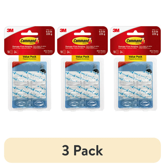 (3 pack) Command Mini Wall Hooks, Clear, Damage Free Decorating, 18 Hooks and 24 Command Strips