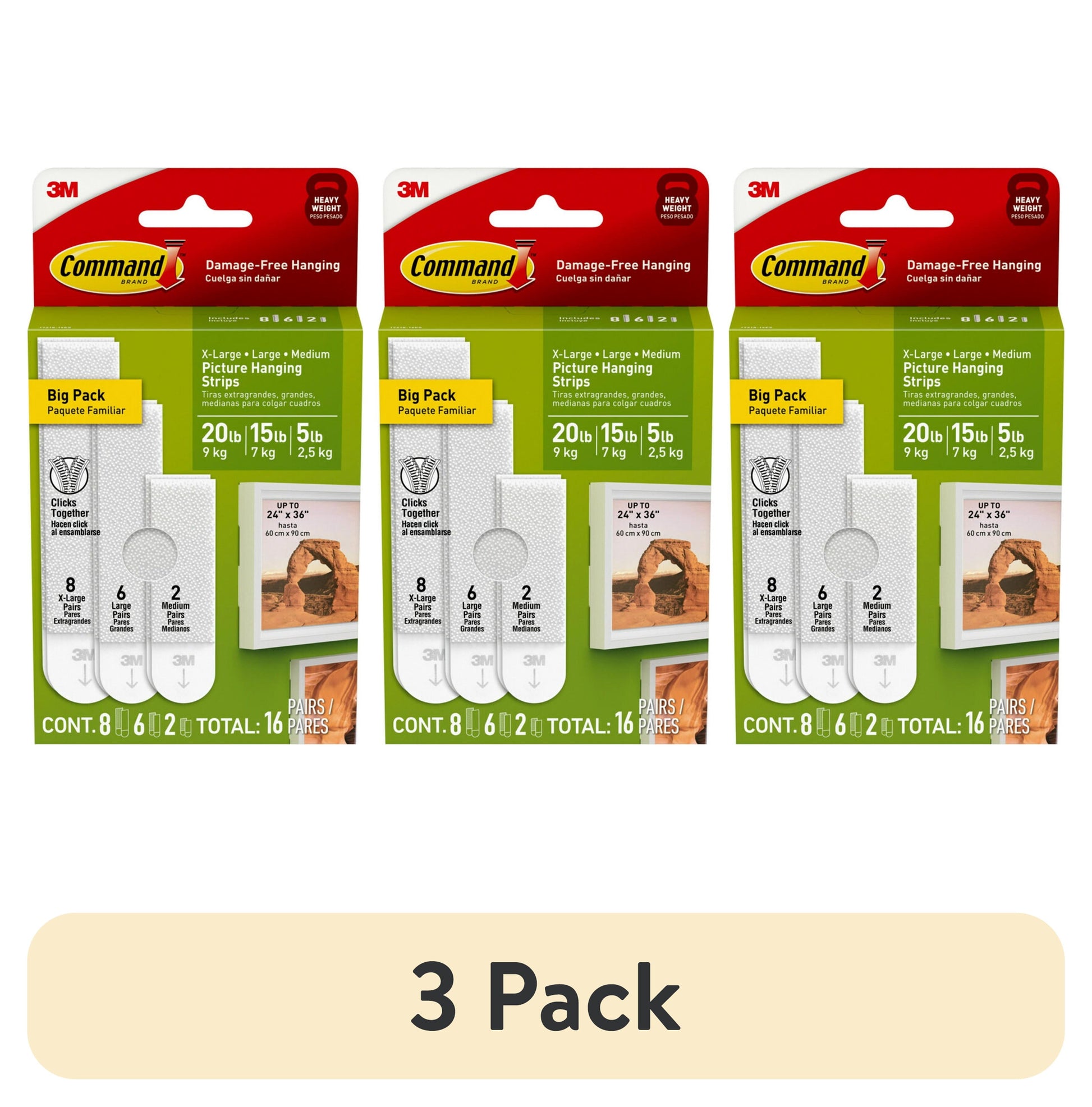 (3 pack) Command Picture Hangers Variety Pack, Holds 5 to 20 lbs, White, Damage-Free Hanging, 16 Adhesive Strips