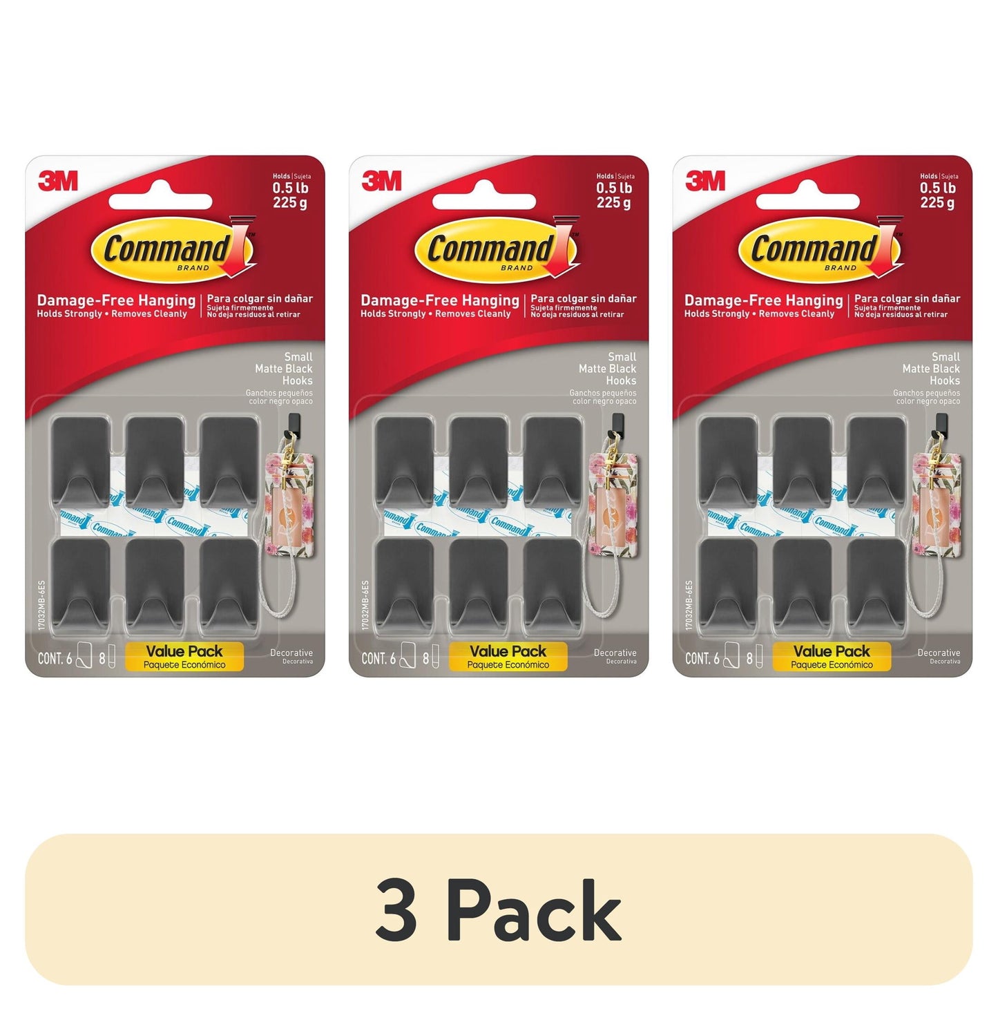 (3 pack) Command Small Matte Black Hooks, 6 Wall Hooks