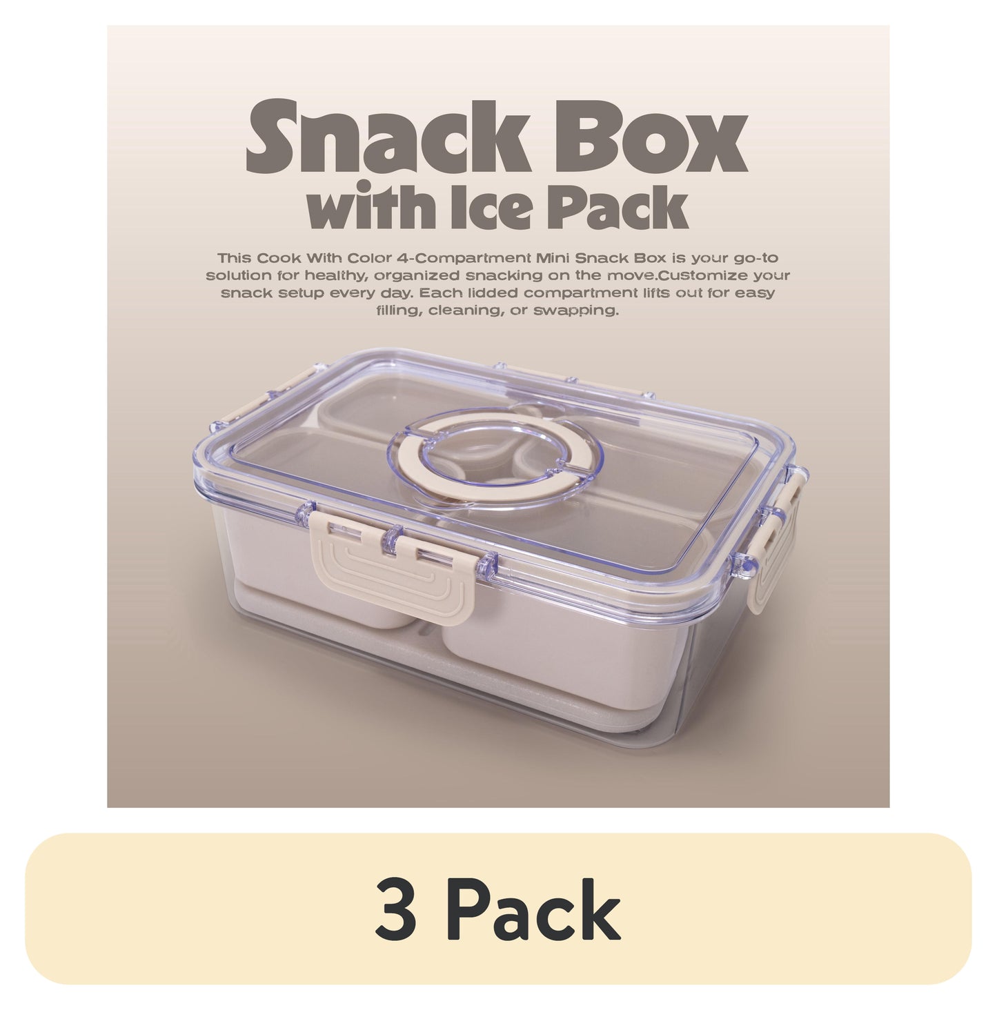 (3 pack) Cook with Color 4-Compartment Portable Snack Box Food Storage Container with Removable Ice Pack, Taupe