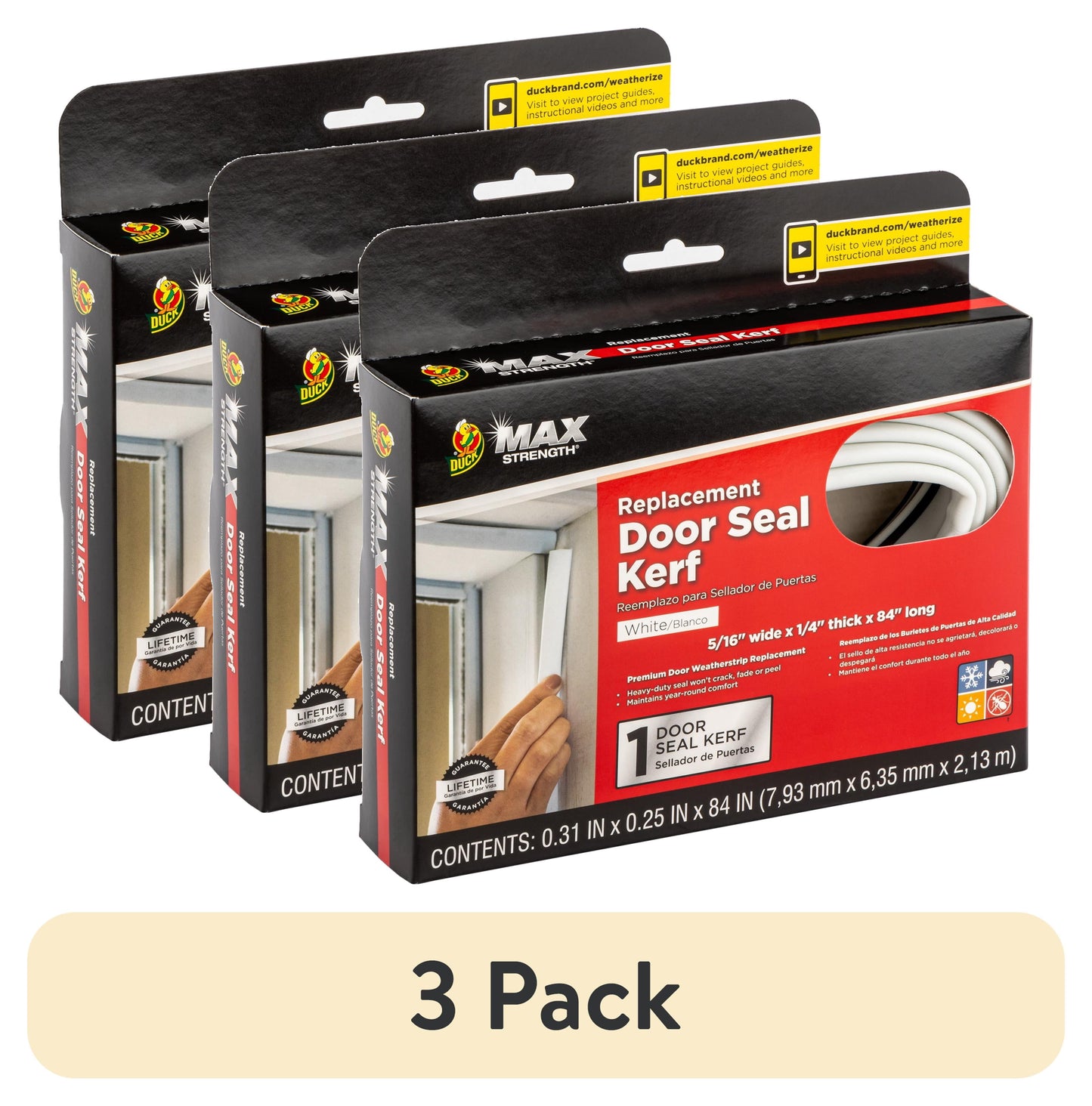 (3 pack) Duck Brand .25 in. Thick Max Strength Replacement Door Seal, White Weather Stripping 84 in. Length