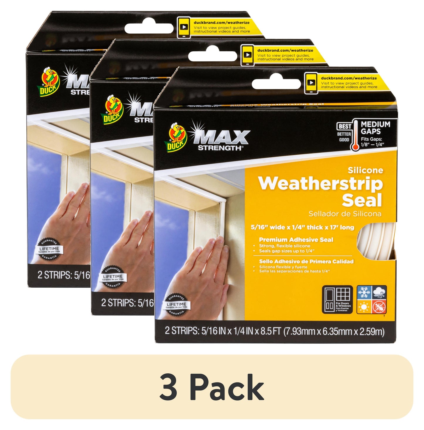 (3 pack) Duck Brand Max Strength Silicone .25" Medium Gap Weatherstrip Seal White, 2 Strips