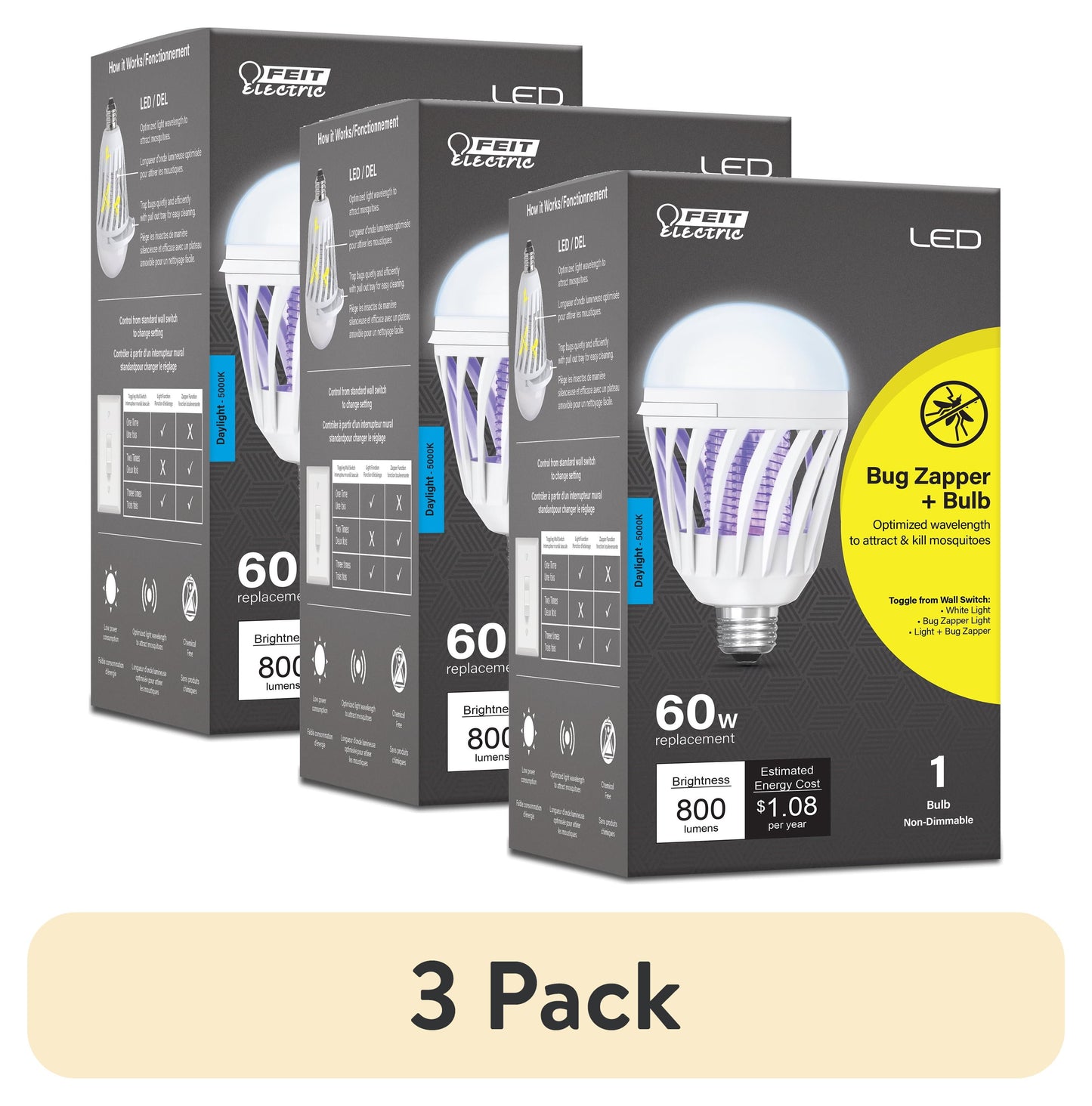 (Paquete de 3) Bombilla LED Feit Electric 9W (Equivalente a 60W) Luz de DÃ­a (5000K), Bombilla Bug Zapper, Forma de Cilindro, Base Mediana E26, No Regulable