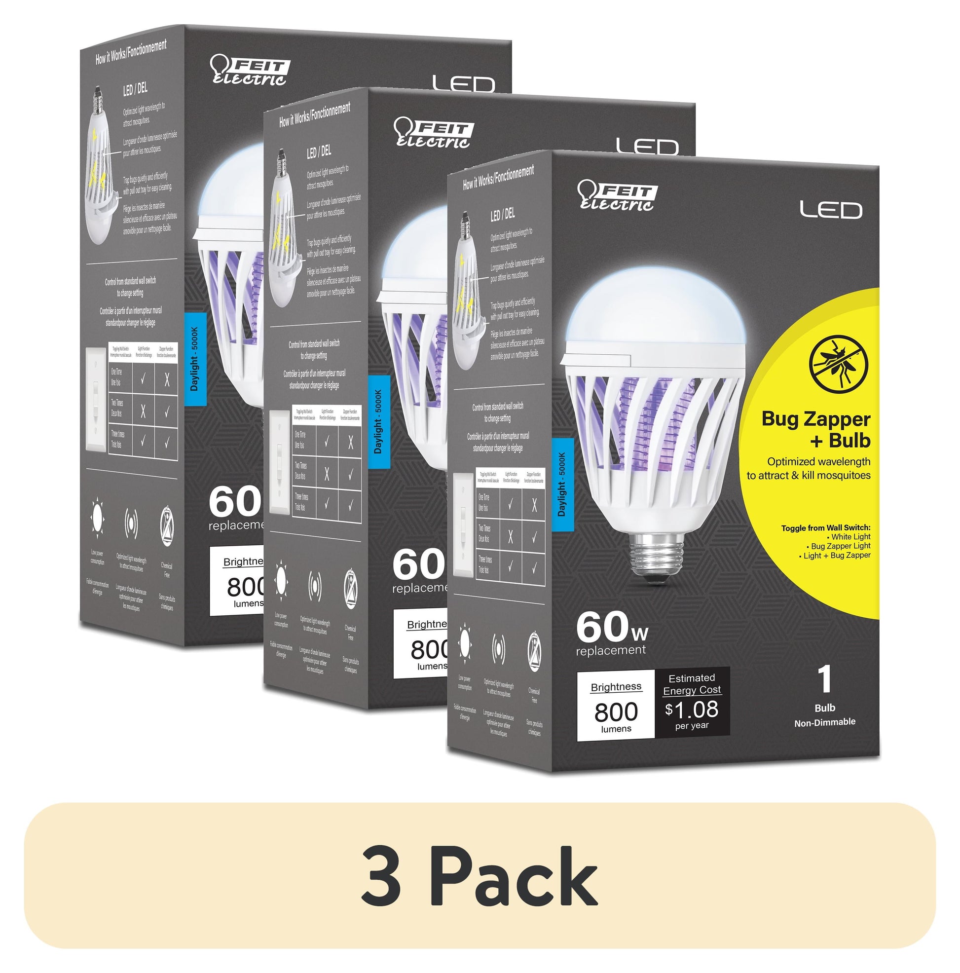 (Paquete de 3) Bombilla LED Feit Electric 9W (Equivalente a 60W) Luz de DÃ­a (5000K), Bombilla Bug Zapper, Forma de Cilindro, Base Mediana E26, No Regulable