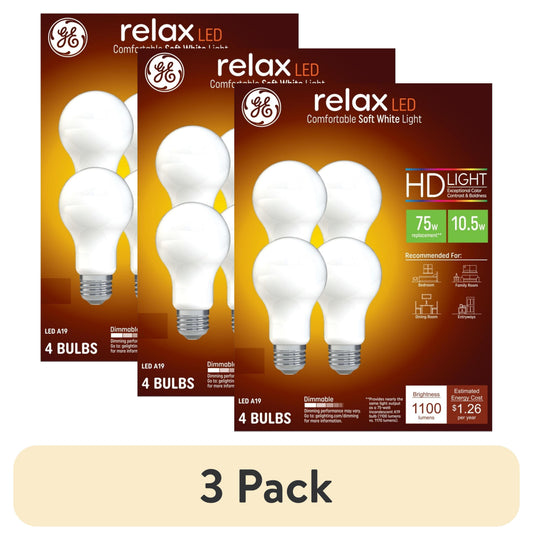 (3 pack) GE Relax HD LED Light Bulbs, 75 Watt, Soft White, A19 Bulbs, 4pk