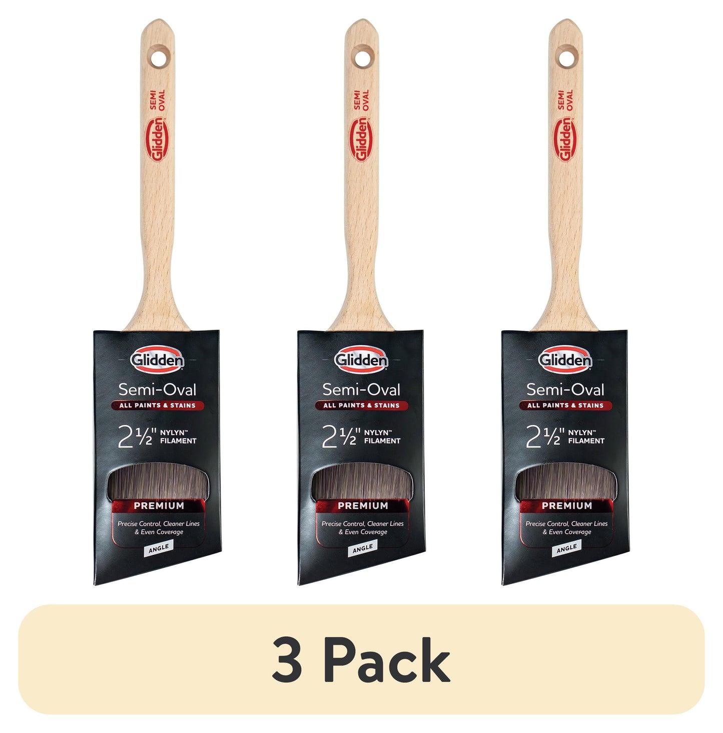 (3 pack) Glidden Semi-Oval Paintbrush with Wood Handle, Angled Sash, 2.5 Inch