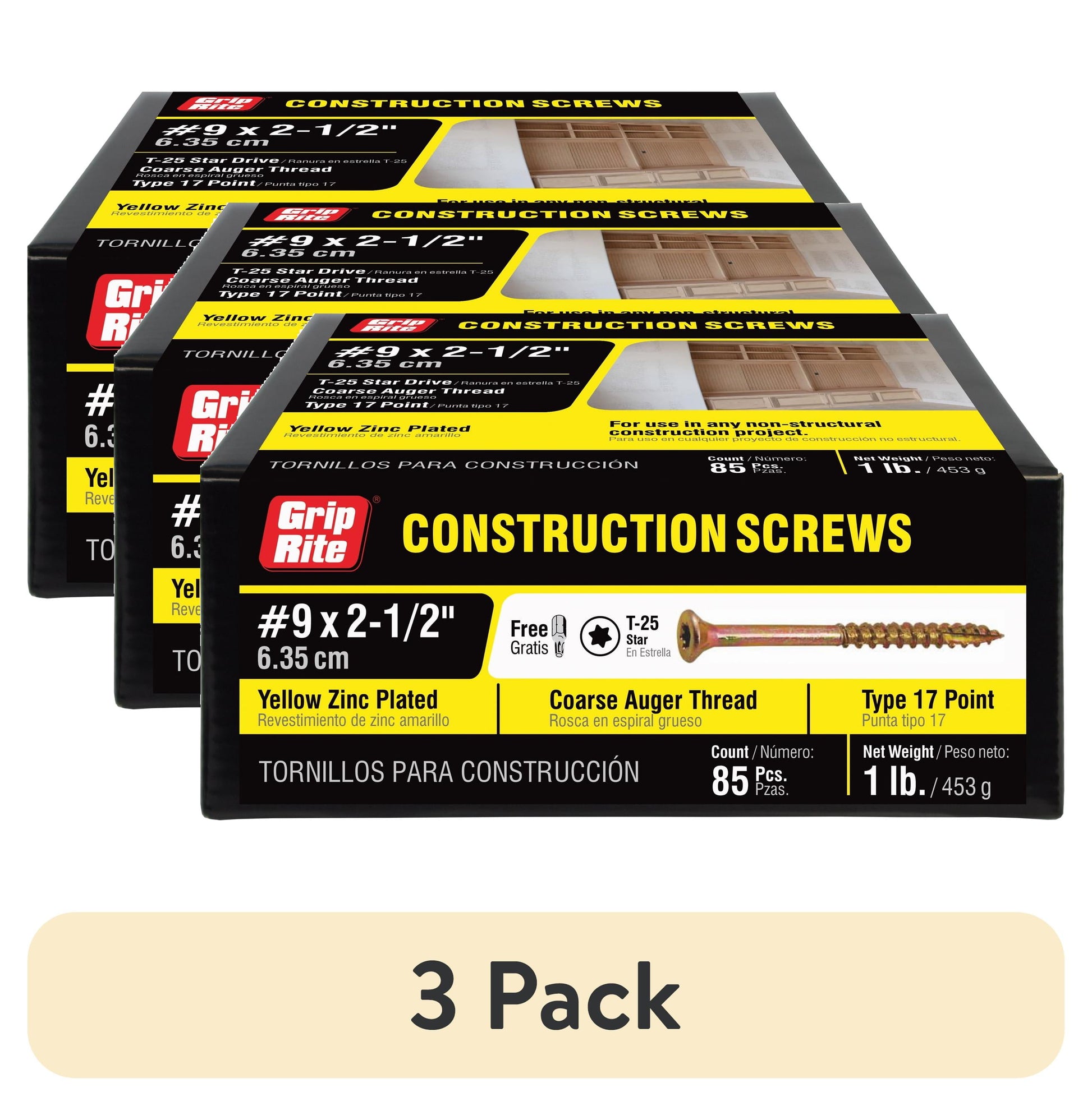 (3 pack) Grip-Rite #9 2-1/2 in. Star Drive Gold Construction Wood Screw 1Lb.