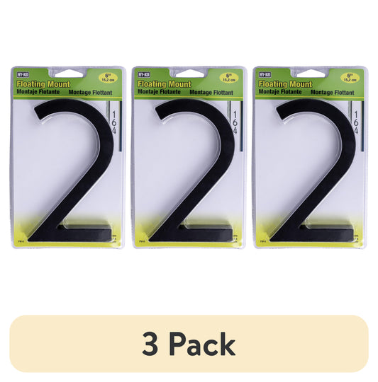 (3 pack) HY-KO 6" Black Floating Mount House Number 2