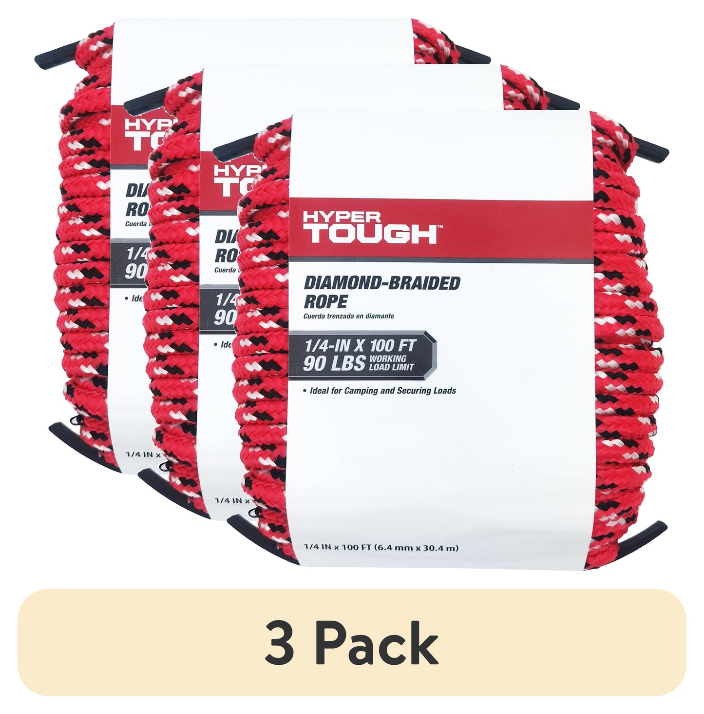 Hyper Tough Polypropylene, Diamond Braided Rope, Red, 1/4 inch x 100 feet