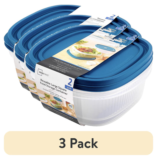 (2 pack) Mainstays Reusable Food Storage Container, Large Square, Plastic 3-Pack, 3 Containers with Lids, 14 Cups, Ideal for Snacks and Meal Prep