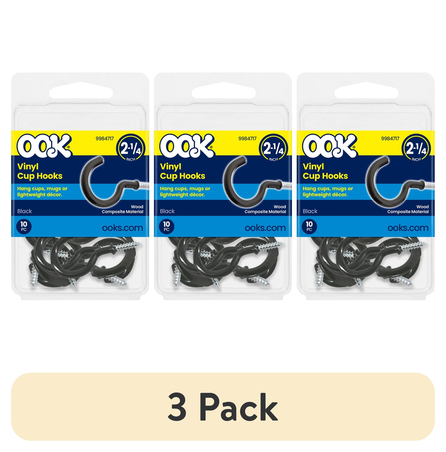 Ook Cup Hooks, 2-1/4", 0.5 lbs, Screw Hooks, Steel, Black Vinyl, 10 pack