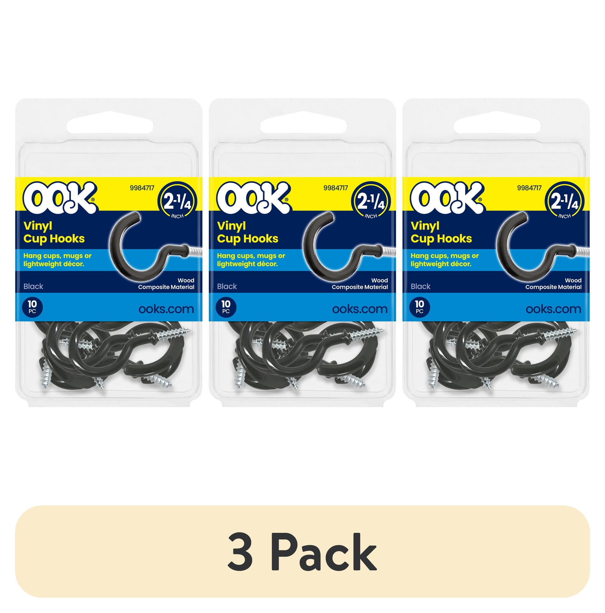 Ook Cup Hooks, 2-1/4", 0.5 lbs, Screw Hooks, Steel, Black Vinyl, 10 pack