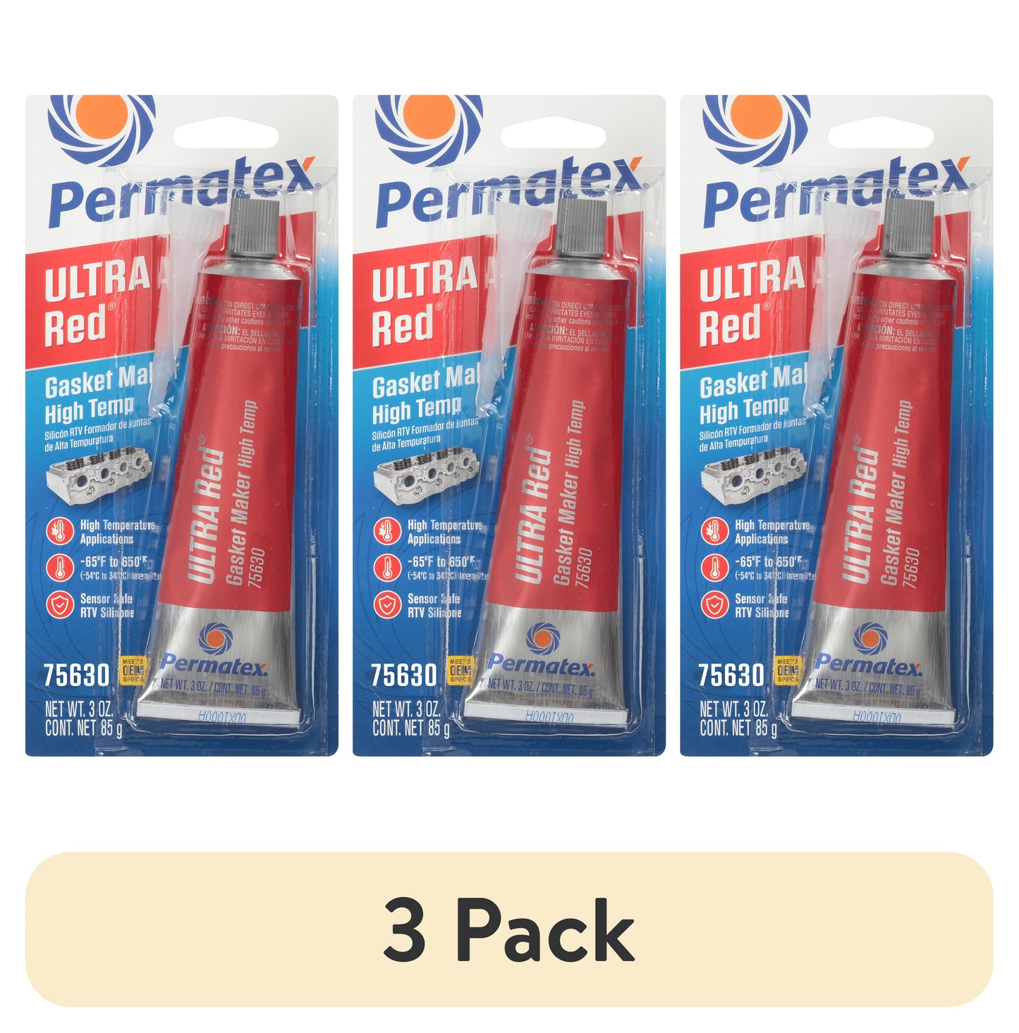 (3 pack) Permatex 75620 Permatex 81630 Ultra Red High Temperature Gasket Maker, 3 oz, 1 Pack