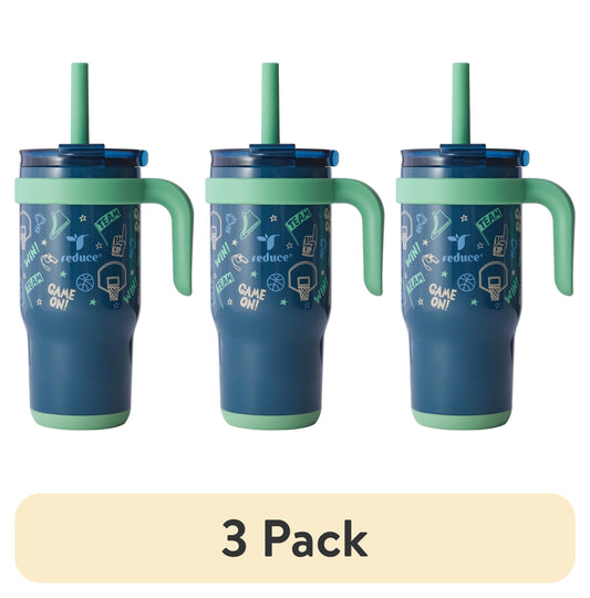 (3 pack) Reduce Coldee Kids Tumbler with Spill-Proof Straw & Handle. Insulated Stainless Steel 18 oz, Game on