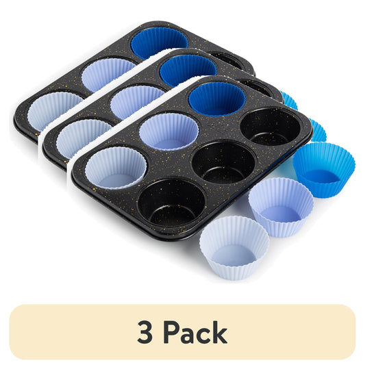 (3 pack) Thyme & Table 6 Cup Non-Stick Jumbo Muffin Pan, 6 Silicone Liners - Black