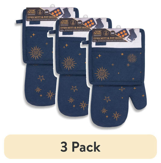(3 pack) Thyme & Table Heat-Resistant Oven Mitt and Potholder Set, Navy Celestial, 2 pack