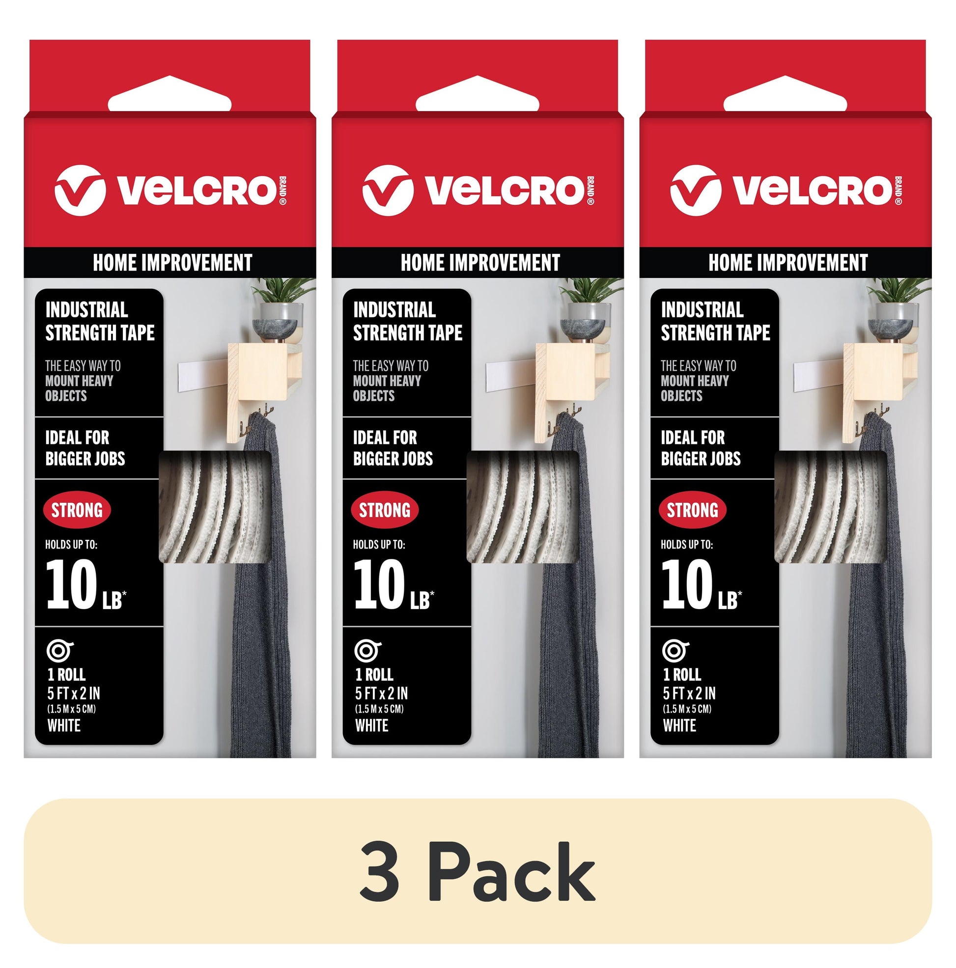 (3 pack) VELCRO Brand Industrial Strength Tape | Indoor & Outdoor Use | Superior Holding Power on Smooth Surfaces | 5ft x 2in Tape | White