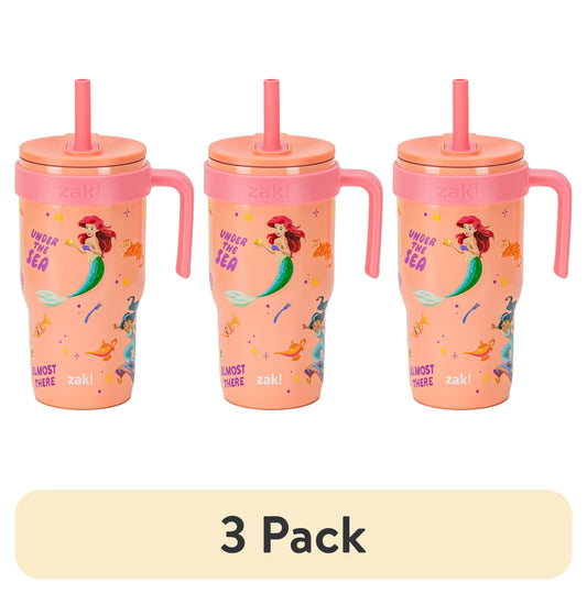 (3 pack) Zak Designs Princess Kids 18oz Insulated Stainless Steel Tumbler with Leak-Proof Straw and Handle