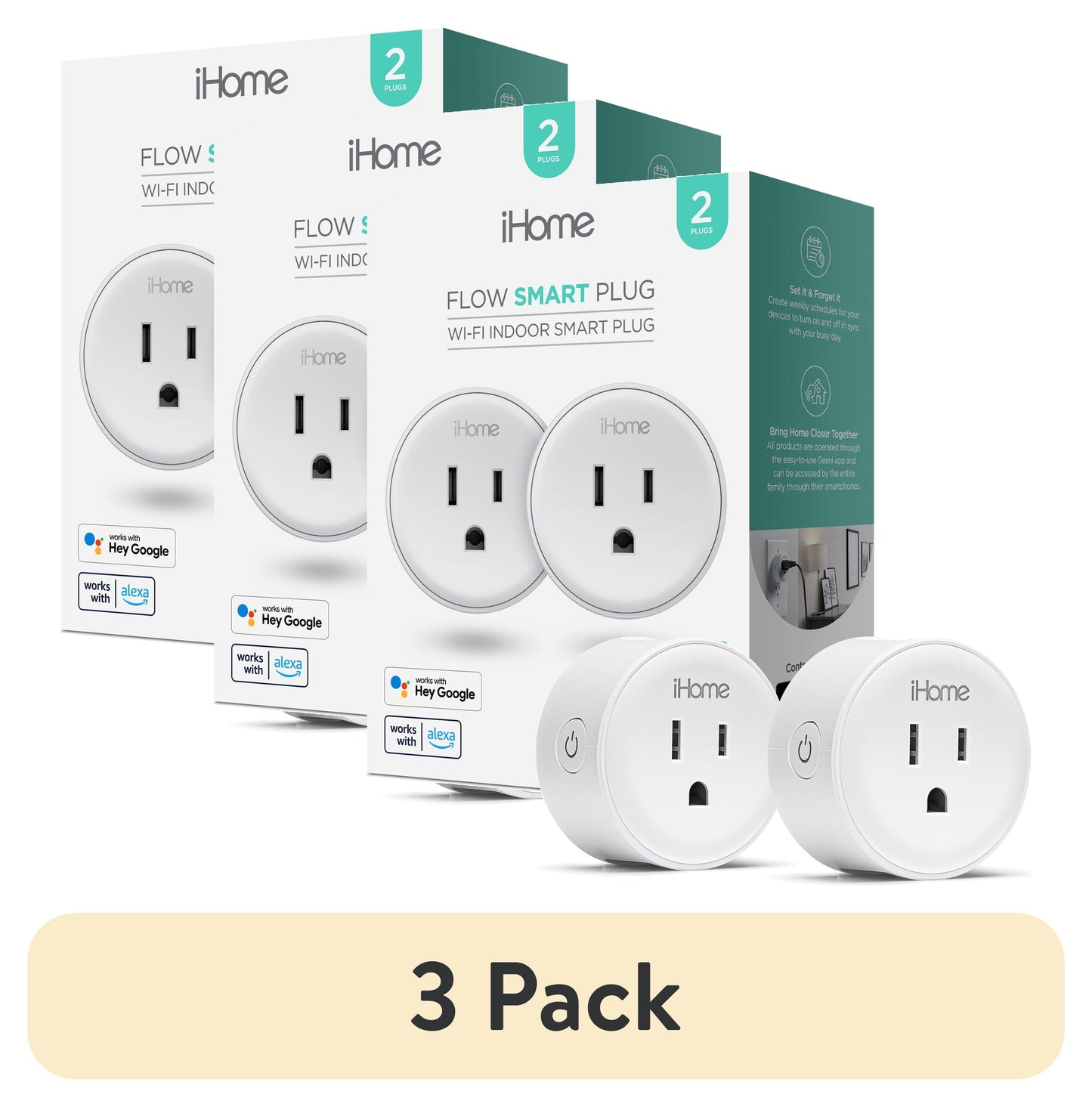 (3 pack) iHome Smart Plug, 15A Wi-Fi Outlet, Works with Alexa & Google Home, App Control, Timer, 2 pack â€“ White