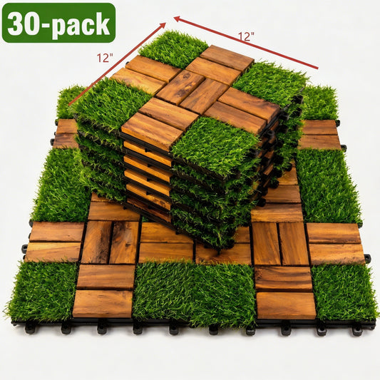 30-Pack 12"x12" Interlocking Deck Tiles Outdoor Patio Flooring Kit Wood & Grass Waterproof DIY