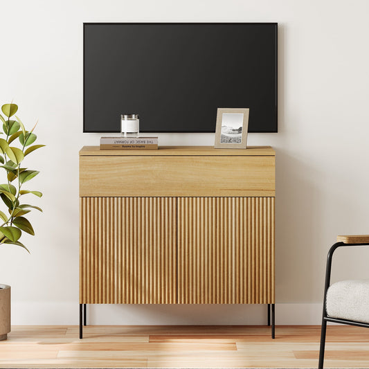 31.5" Modern Reeded TV Stand with Doors, Entertainment Center with Shelf, Wooden TV Console with Drawers for Living Room