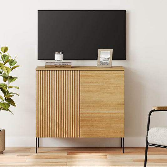 31.5" Modern Reeded TV Stand with Doors, Entertainment Center with Shelf, Wooden TV Console with Storage for Living Room