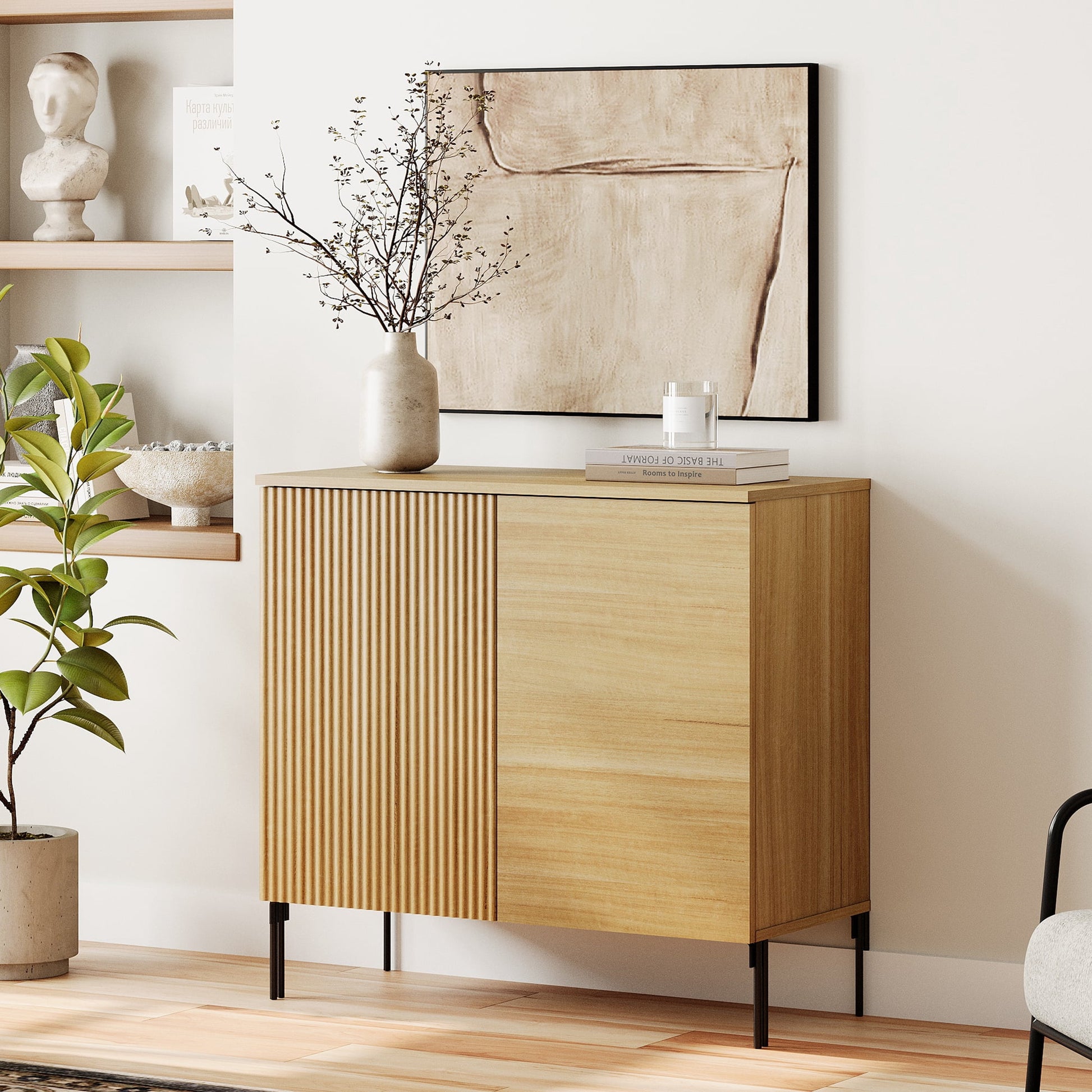 31.5" Reeded Accent Cabinet with Adjustable Shelves, Modern Credenza Storage Cabinet with Doors for Living Room, Kitchen, Dining Room, Hallway