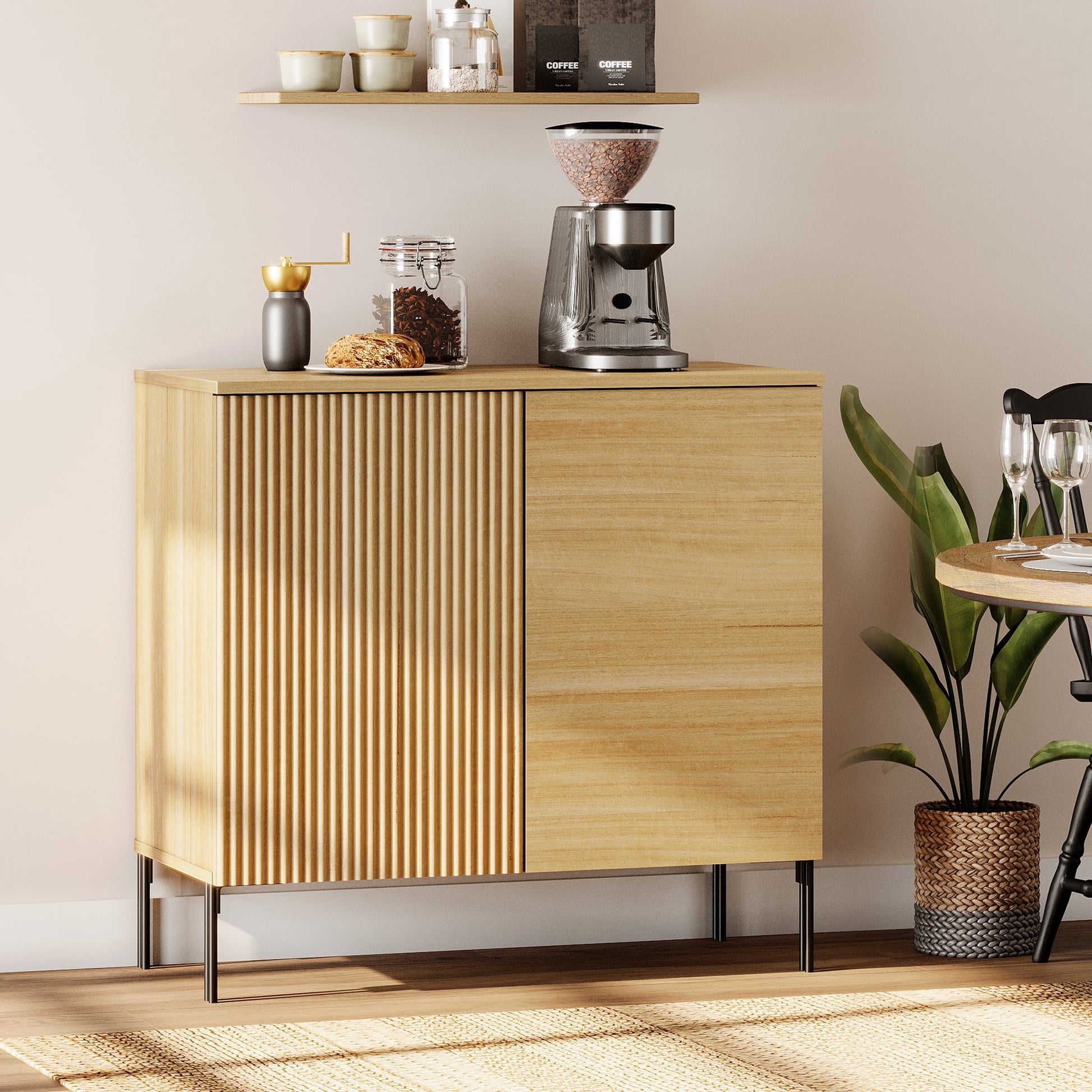 31.5" Wooden Reeded Sideboard with 2 Doors, Modern Credenza Storage Cabinet for Kitchen, Dining Room