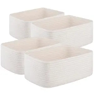 OIASKET 4 Pack Small Storage Shelf Baskets for Organizing, Mini Woven Rope Storage Bins for Towels, Cute Decorative Closet OrganizerBaby Nursery, Gift Empty Baskets -14.17''Lx11.02''Wx6.3''H-White