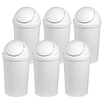 Sterilite 3 Gallon Round SwingTop Wastebasket with Lid, Small Plastic Trash Can for the Bathroom, Bedroom, Dorm or Home Office, White, 6-Pack