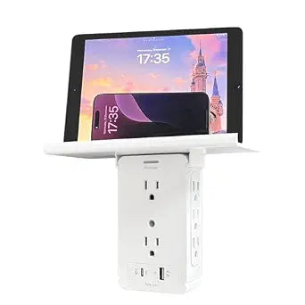 PD20W Wall Outlet Shelf and Surge Protector Outlet Extender, 10-in-1 Multi Outlets with 8 AC, 1 USB C & 1 USB A (5V 3.4A), Detachable Outlet Shelf, 1020 Joules, for Bathroom, Dorm, Office, White