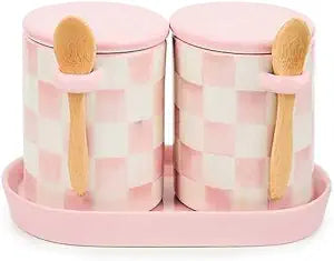 MACKENZIE-CHILDS Ceramic Farmhouse Canisters, Decorative Kitchen Canisters for Storage, 12-Ounce Capacity, Set of 2, Pink-and-White Rosy Check
