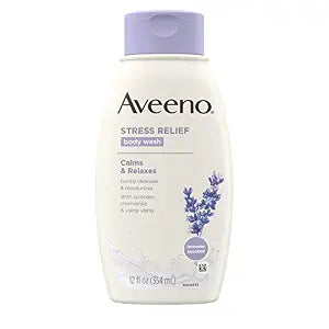 Aveeno Stress Relief Body Wash with Soothing Oat, Lavender, Chamomile & Ylang-Ylang Essential Oils, Dye- & Soap-Free Calming Body Wash for Shower Gentle on Sensitive Skin, 12 fl. oz