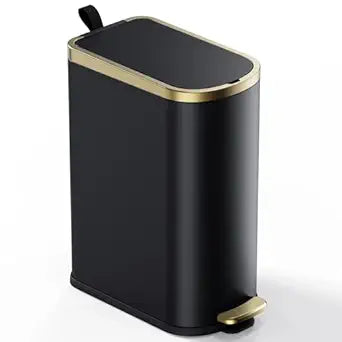 CEROELDA Small Bathroom Trash Can with Lid Soft Close-10L/2.6 Gal Slim Garbage Can-Metal Step Wastebasket-Rectangle Narrow Waste Bin for Office, Bedroom, Toilet, Live Room (Black)