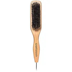 GranNaturals Smoothing & Styling Middle Part Boar Bristle Slick Back Hair Brush w/ Narrow Metal Rat Tail End for Sectioning and Parting Sleek Ponytail Bun - Teasing, Backcombing, Edge Control