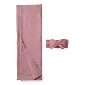 Little Sleepies Swaddle & Bow Set, Viscose from Bamboo Baby Swaddle Blanket, Newborn Baby Girl Clothes, Newborn Essentials (Rosewood Ribbed)