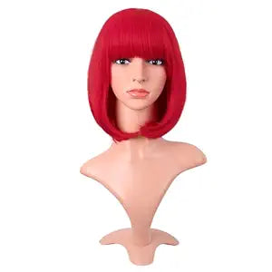 MapofBeauty 12 Inch Lady Short Straight Flat Bangs Bob Wig, Bright Red