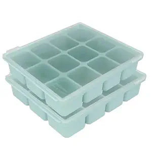Baby Food Storage Silicone Cubes with Clip-On Lid Freezer Tray Baby Food Soups Purees Ice Safe Design Made in Korea(12cubes 1.5oz, Ocean Blue Set of 2)