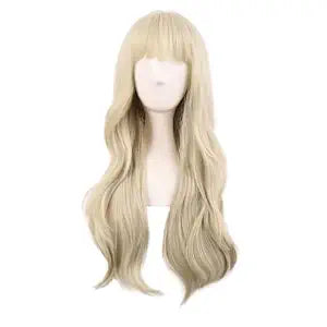 MapofBeauty 28 Inch Long Flat Bangs Wavy Curly Cosplay Party Wig, Blonde
