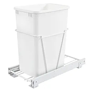 Rev-A-Shelf Single 35 Qt Pullout Trash Can for Base Kitchen Cabinets, Garbage Waste Bin System with 3/4 Extension Slides, Min Opening Width of 11", White, RV-12PB