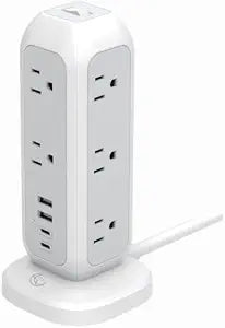 Power Strip Tower Surge Protector, 11 AC Outlets & 4 USB Ports (2 USB-A, 2 USB-C), Vertical Charging Station with 6ft Flat Plug Extension Cord for Desk, Dorm & Home Office