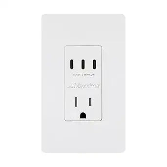 Maxxima 15A USB-C & AC Wall Outlet, 65W Power Delivery GaN QC 4.0