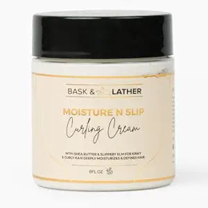 BASK & LATHER Moisture n Slip Curling Cream with Amaranth Extract, Grapeseed Oil & Slippery Elm, Enhances Curl Definition, Bounce, Reduces Frizz & Breakage, Deep Moisturization, Detangles, 8oz