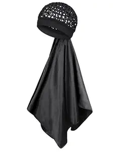 Satin Wrap Cap Hair Net and Scarf Combo for Silk Press - Soft Hair Net with Scarf for Sleeping, Protective Hair Wrap Scarf (Black)
